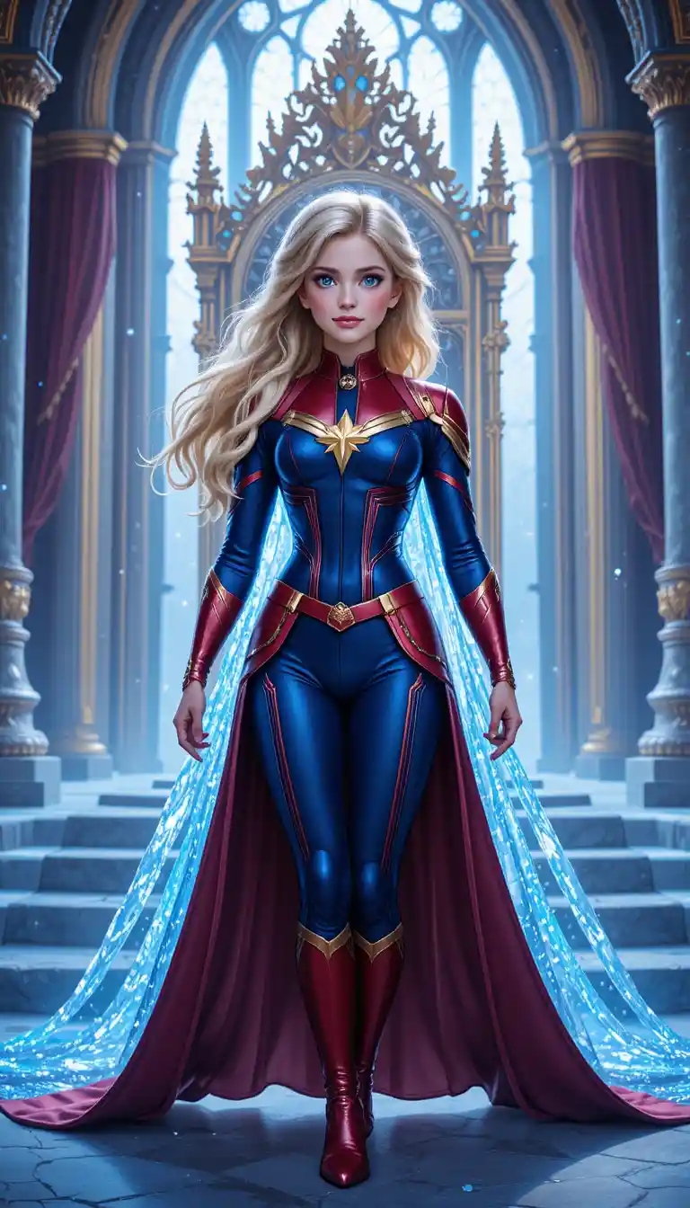 Heroic ice queen in a star armored throne room