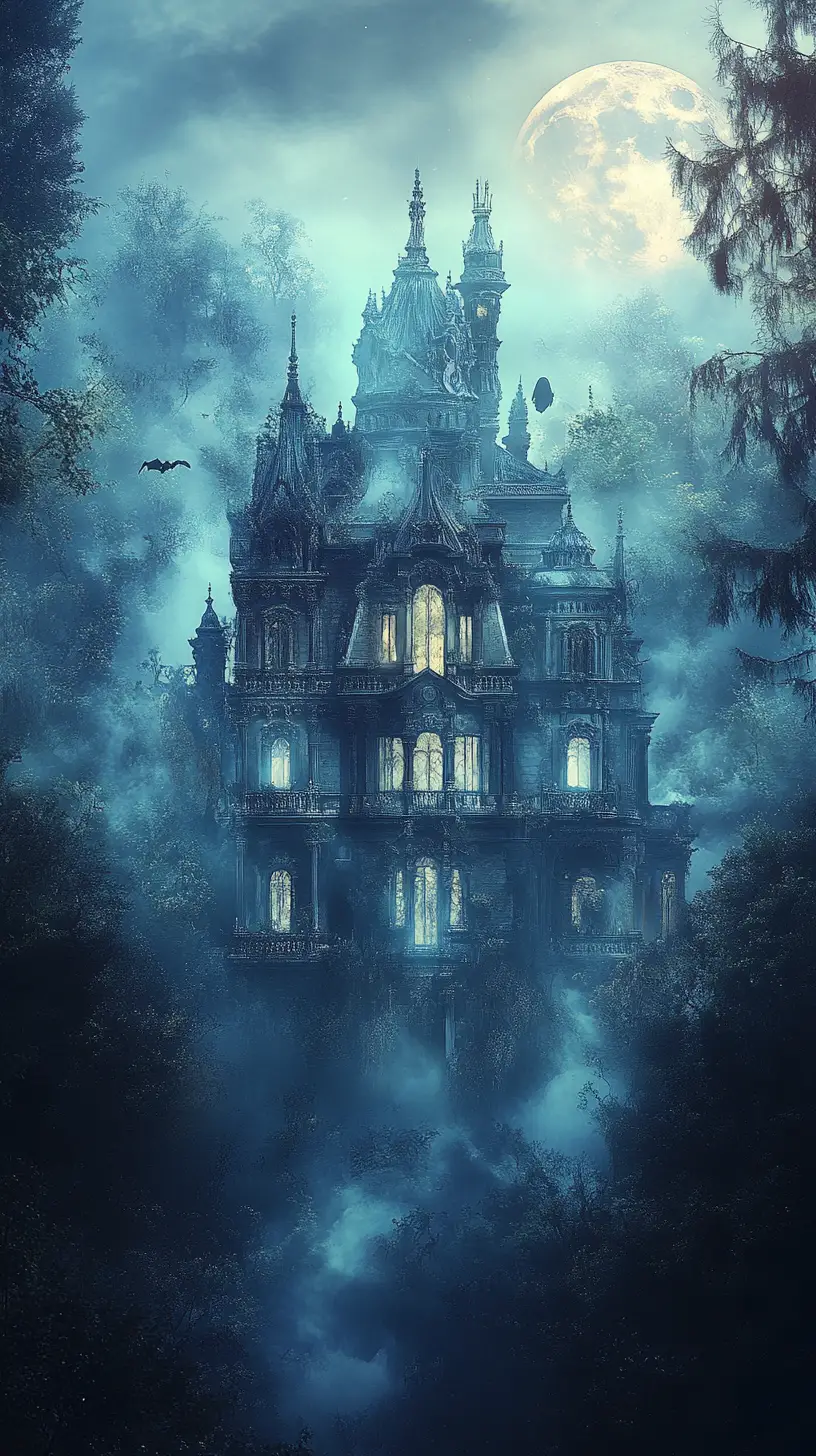 Surreal baroque mansion merging with misty enchanted forest