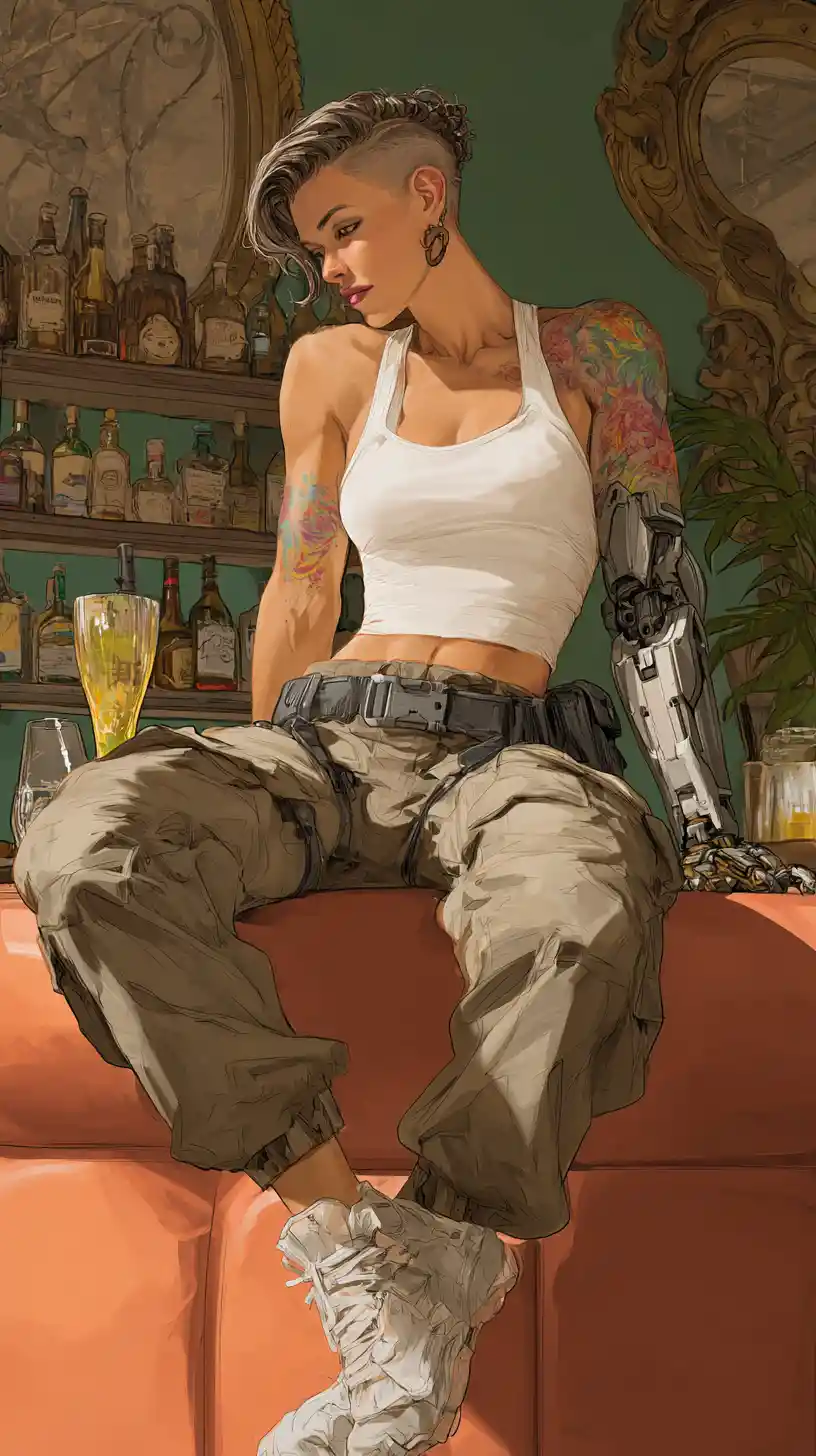 Muscular woman with biomechanical arm in a lounge bar