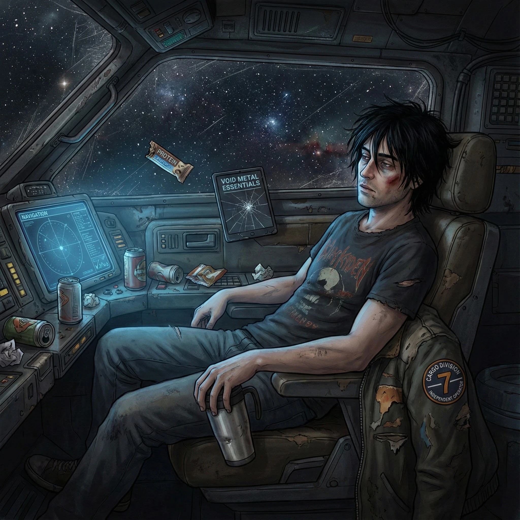 Tired cargo pilot in a messy spaceship cockpit at night