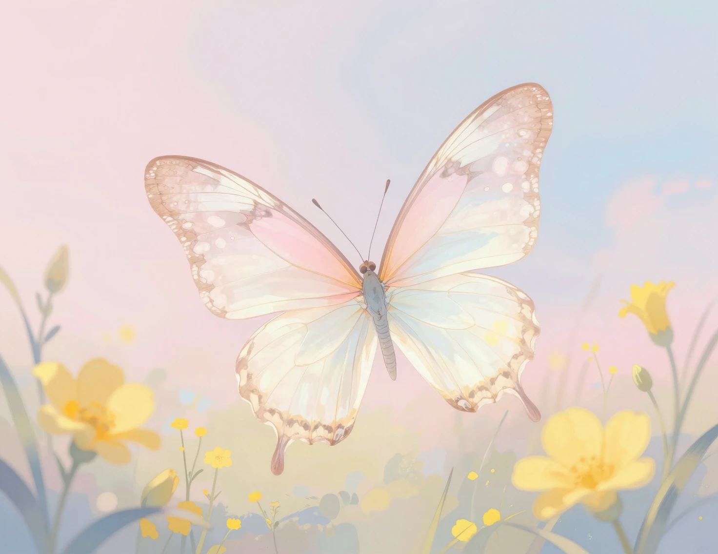Minimalistischer leuchtender Schmetterling am sanften Pastellhimmel