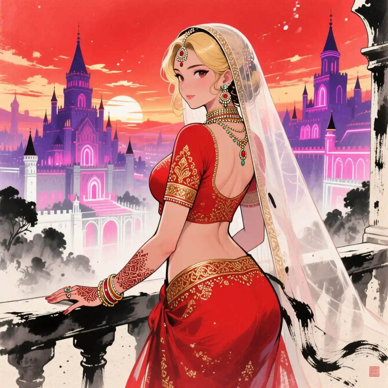 Indian bride in red lehenga on balcony at sunset