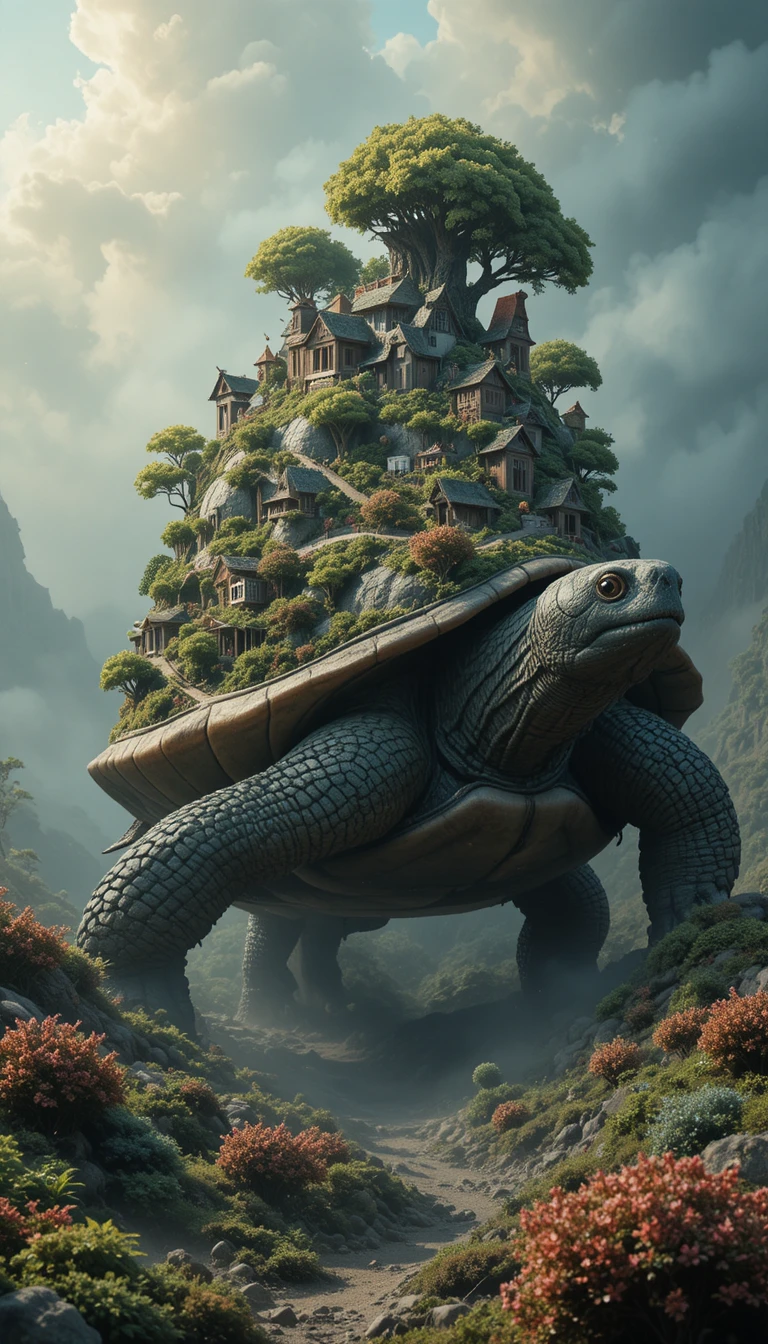 Uralte Riesenschildkröte, die eine winzige Fantasiewelt trägt