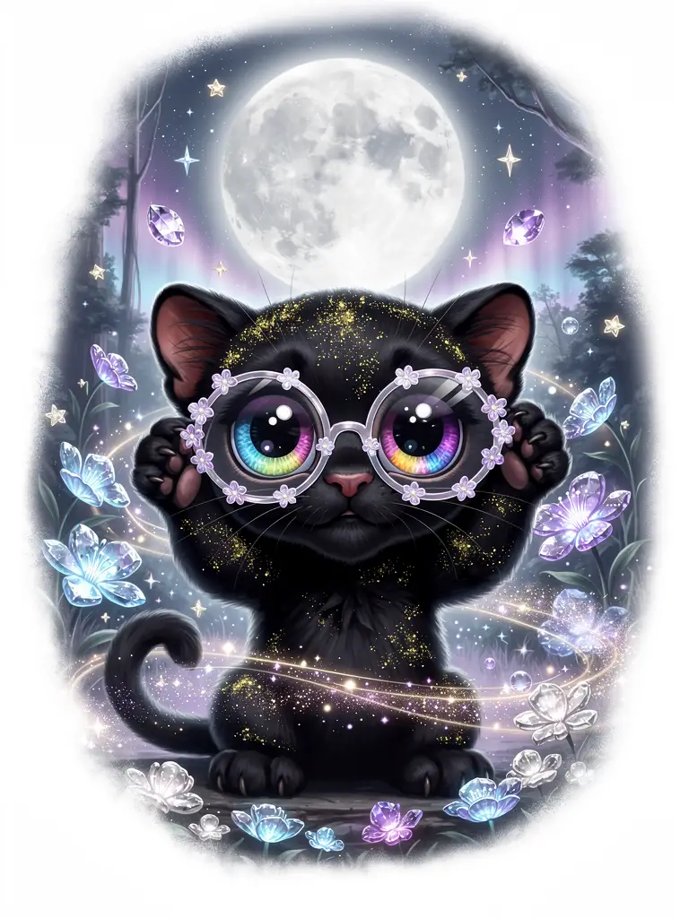 Adorable bébé panthère avec lunettes de fleurs dans une forêt au clair de lune