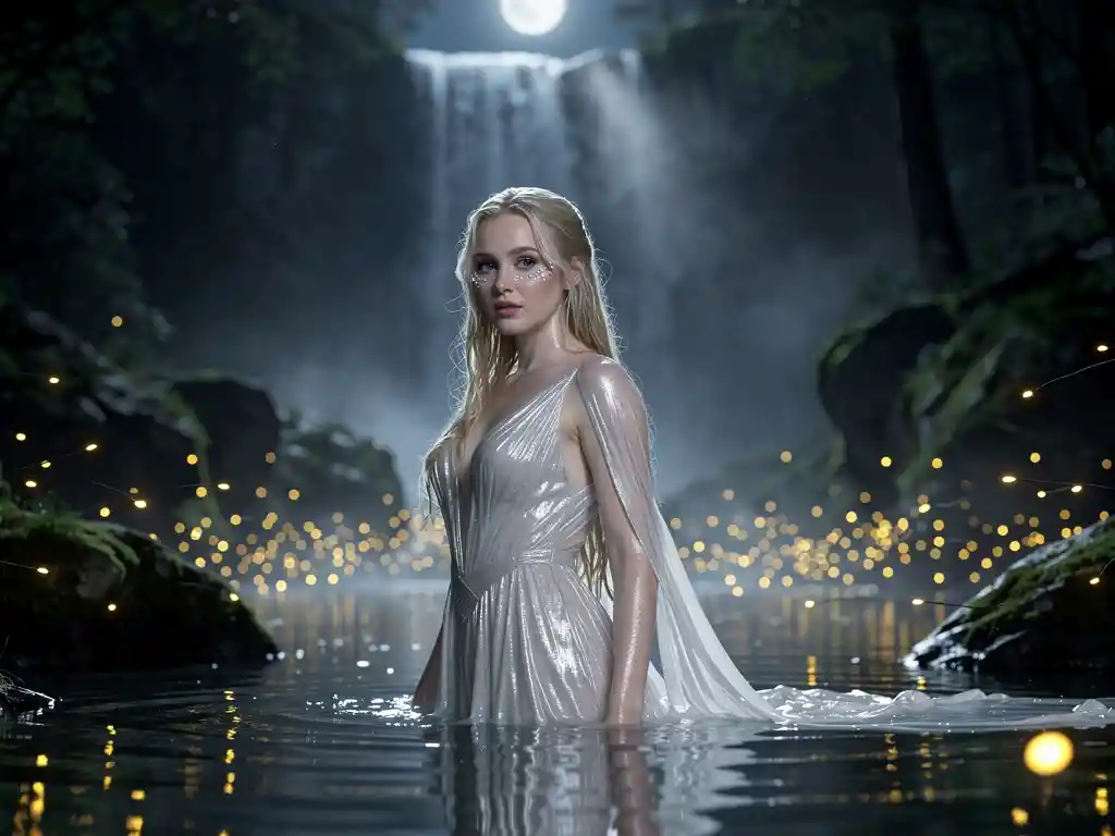 Mystical water nymph woman bathing in silvery moonlit pool
