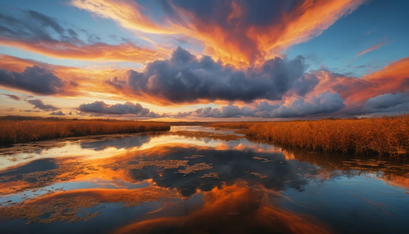 Weiche Sonnenuntergangswolken über ruhigem, herbstlich gefärbtem Wasser