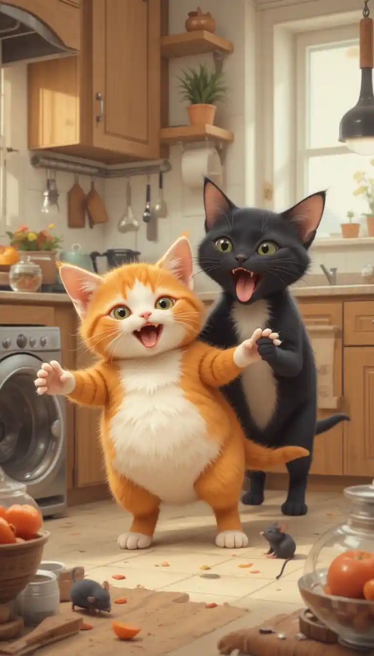 居心地のよいキッチンを探検する遊び好きなオレンジと黒の子猫