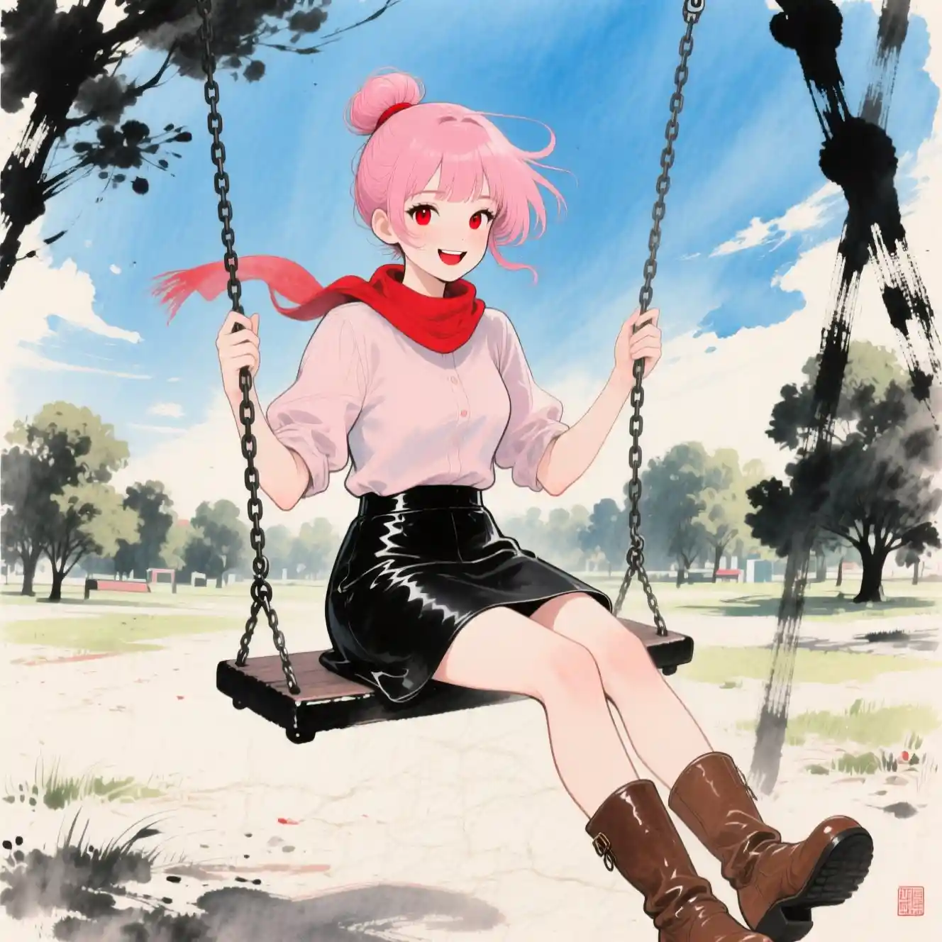 Pink haired anime girl on a swing in an ink wash park