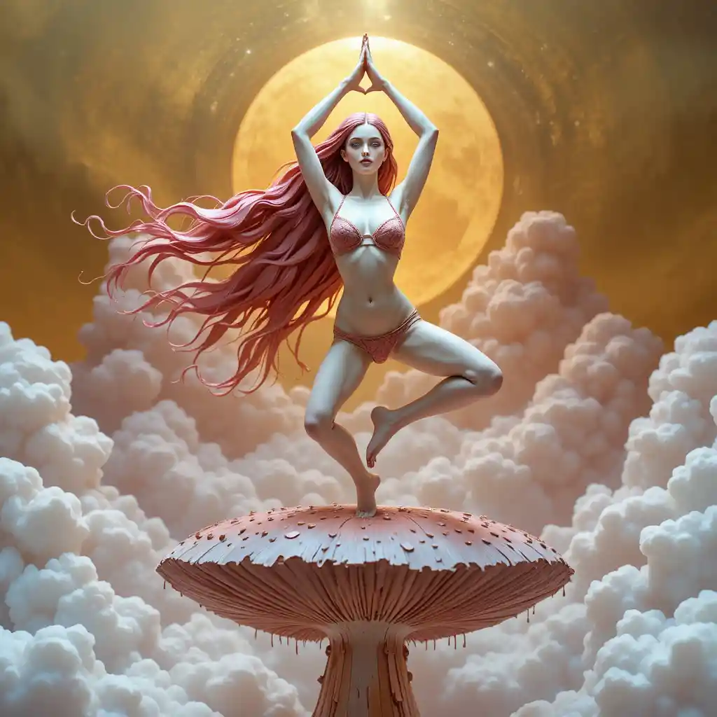 Statue de fille faisant du yoga sur un champignon psychédélique flottant