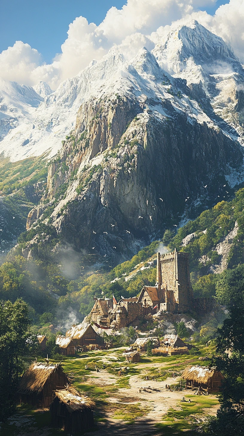 Villaggio e fortezza fantasy tra colline verdi davanti a montagne innevate
