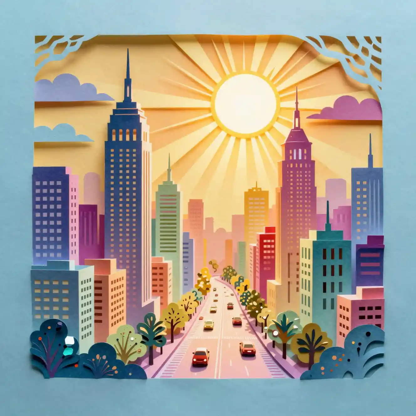 Colorful Papercut Cityscape Under A Radiant Sun