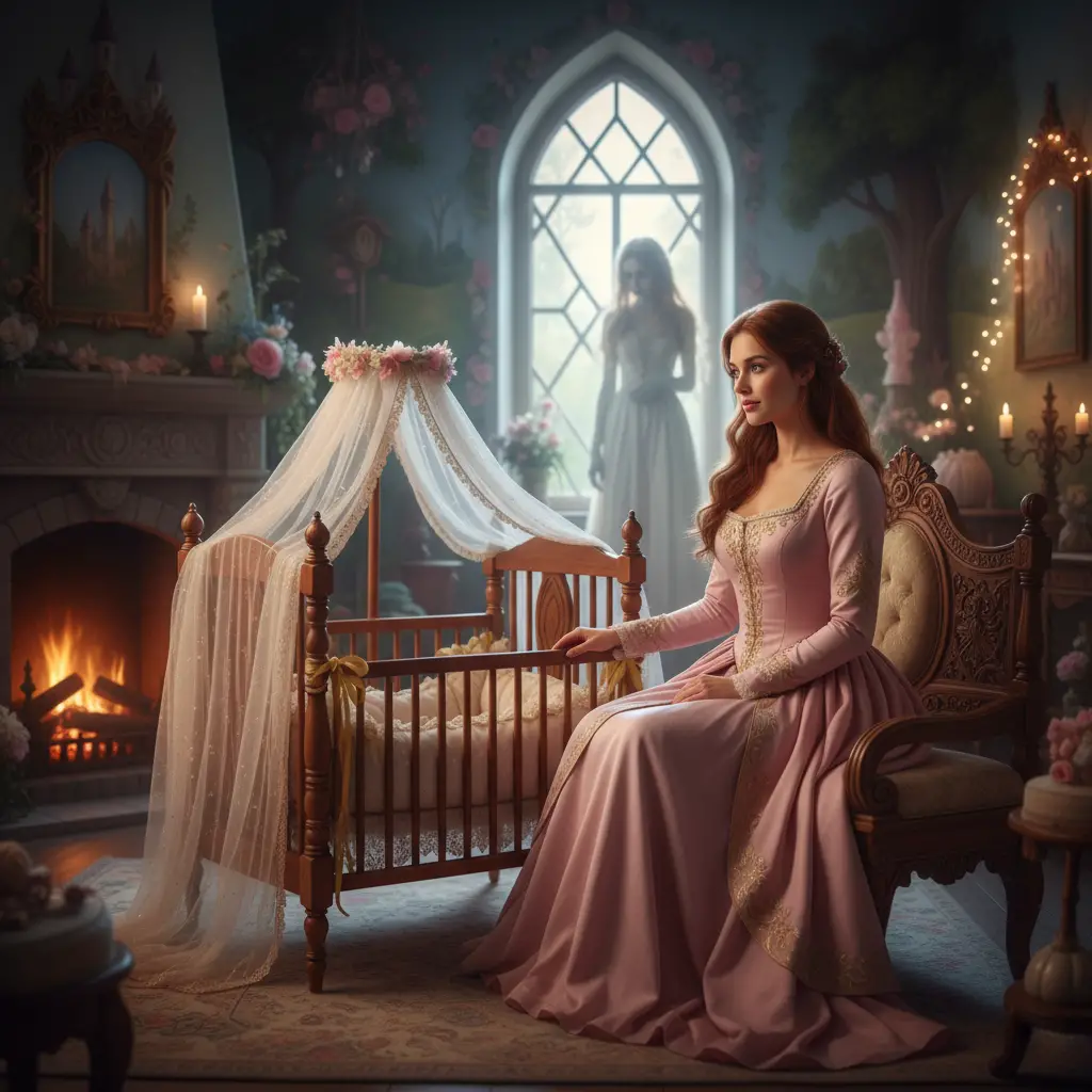 Woman in a fairytale kids room rocking an empty baby crib