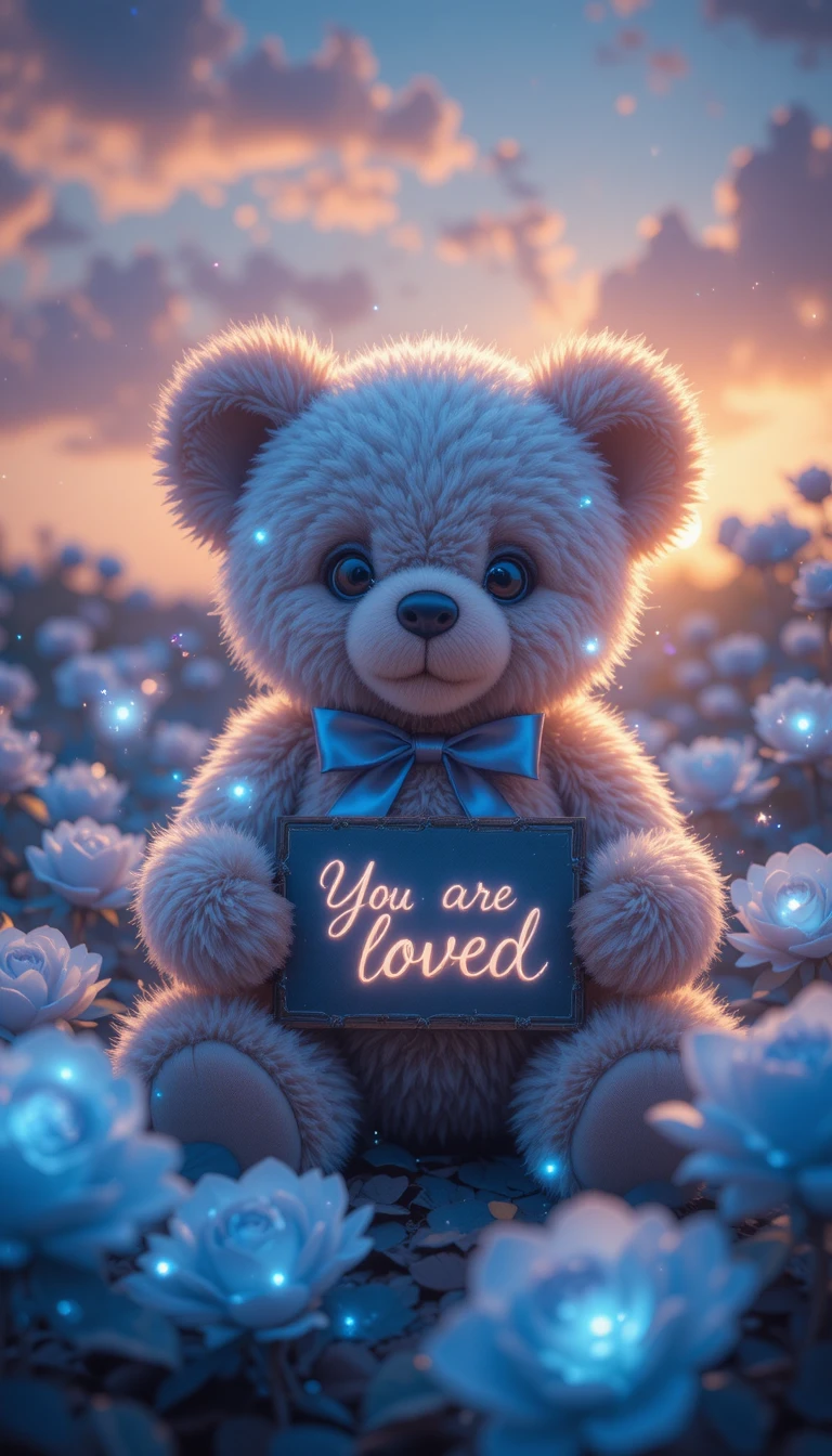 Teddy Bear Etereo in un Giardino Fantastico di Rose Blu Luminose