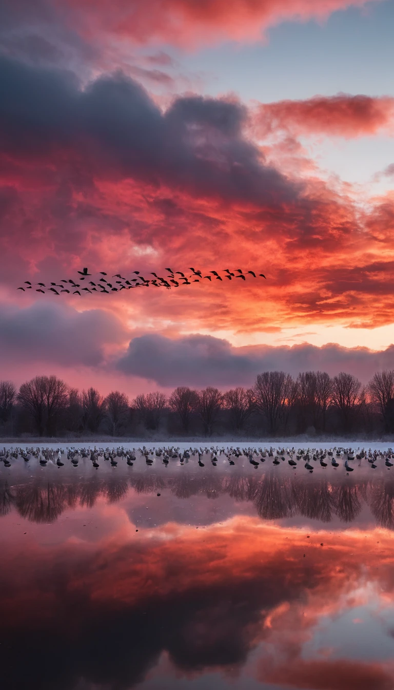 Geese In Formation Above Iridescent Sunrise Clouds