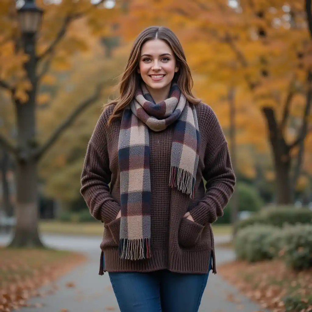 Smiling woman in cozy winter outfit amid autumn park