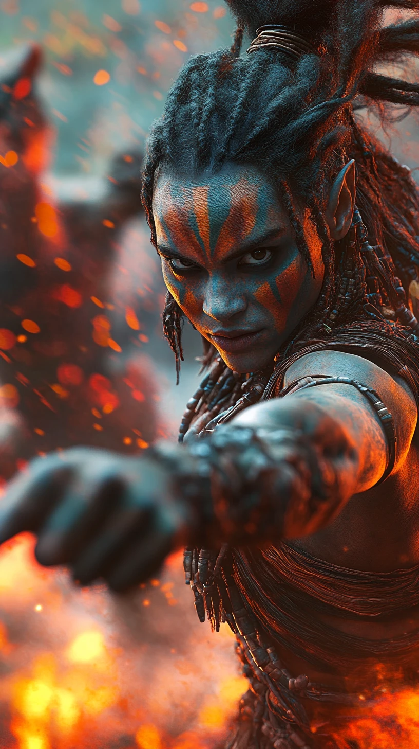 Fierce warrior woman pointing forward amid blazing battle