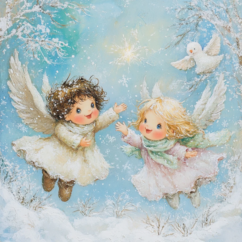 Due piccoli angeli gioiosi che giocano in un cielo invernale