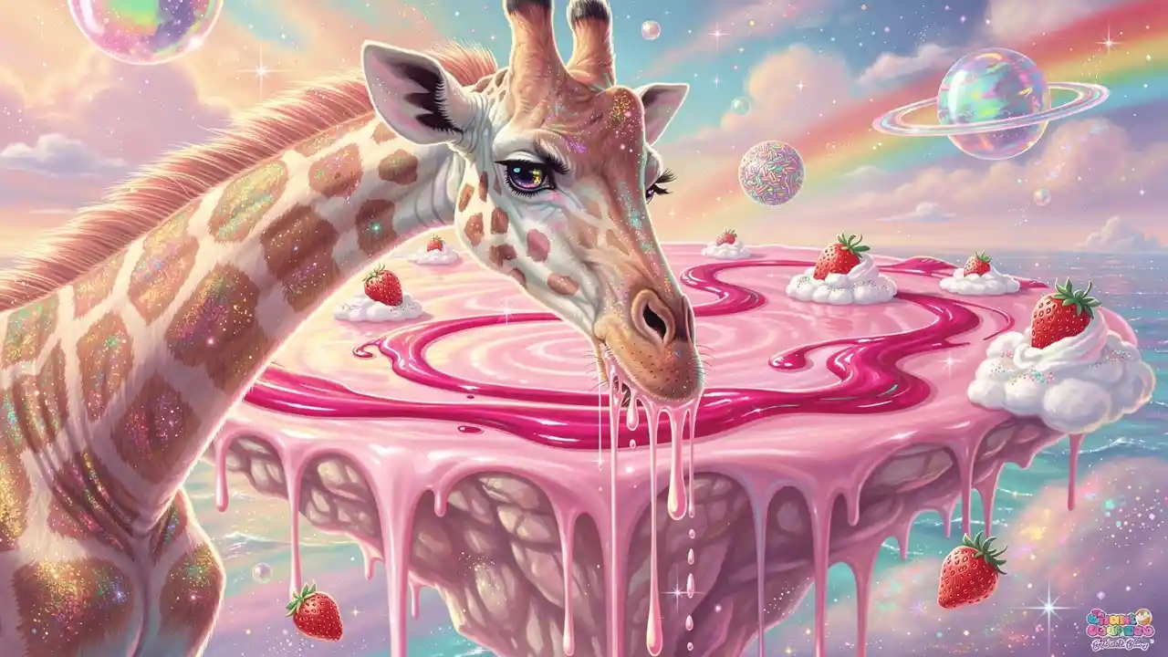 Surreal Giraffe Drinking From Floating Strawberry Milk Ocean