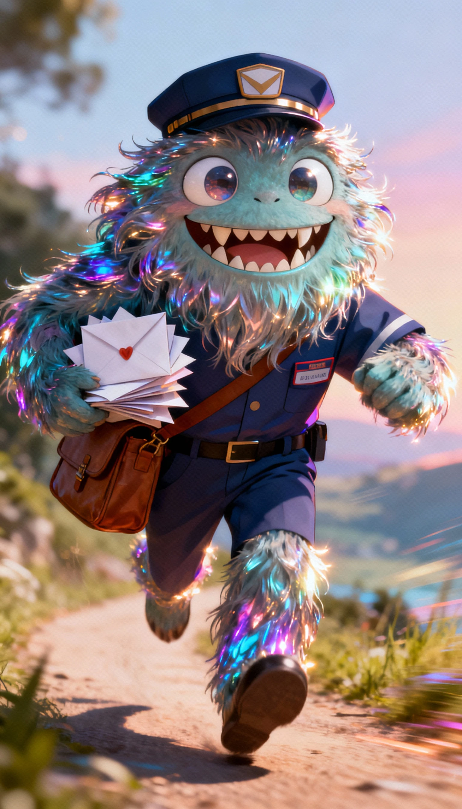 Colorful shaggy monster postman running through countryside