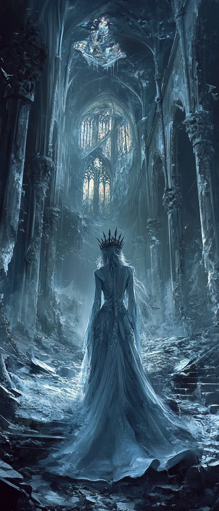 Ghostly queen in ruins of a moonlit gothic ballroom