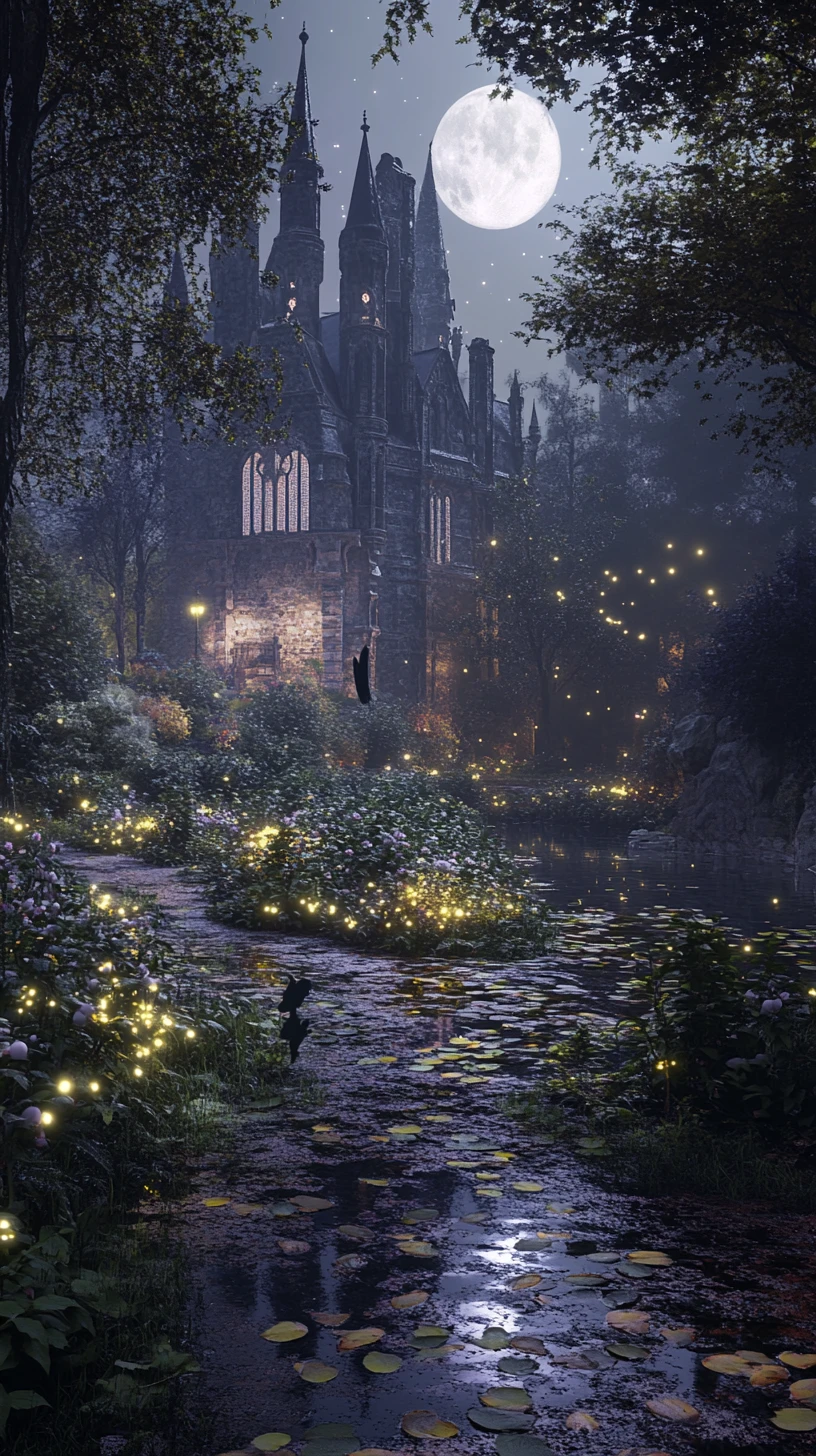 Moonlit Wild Garden Pond Before An Old Castle