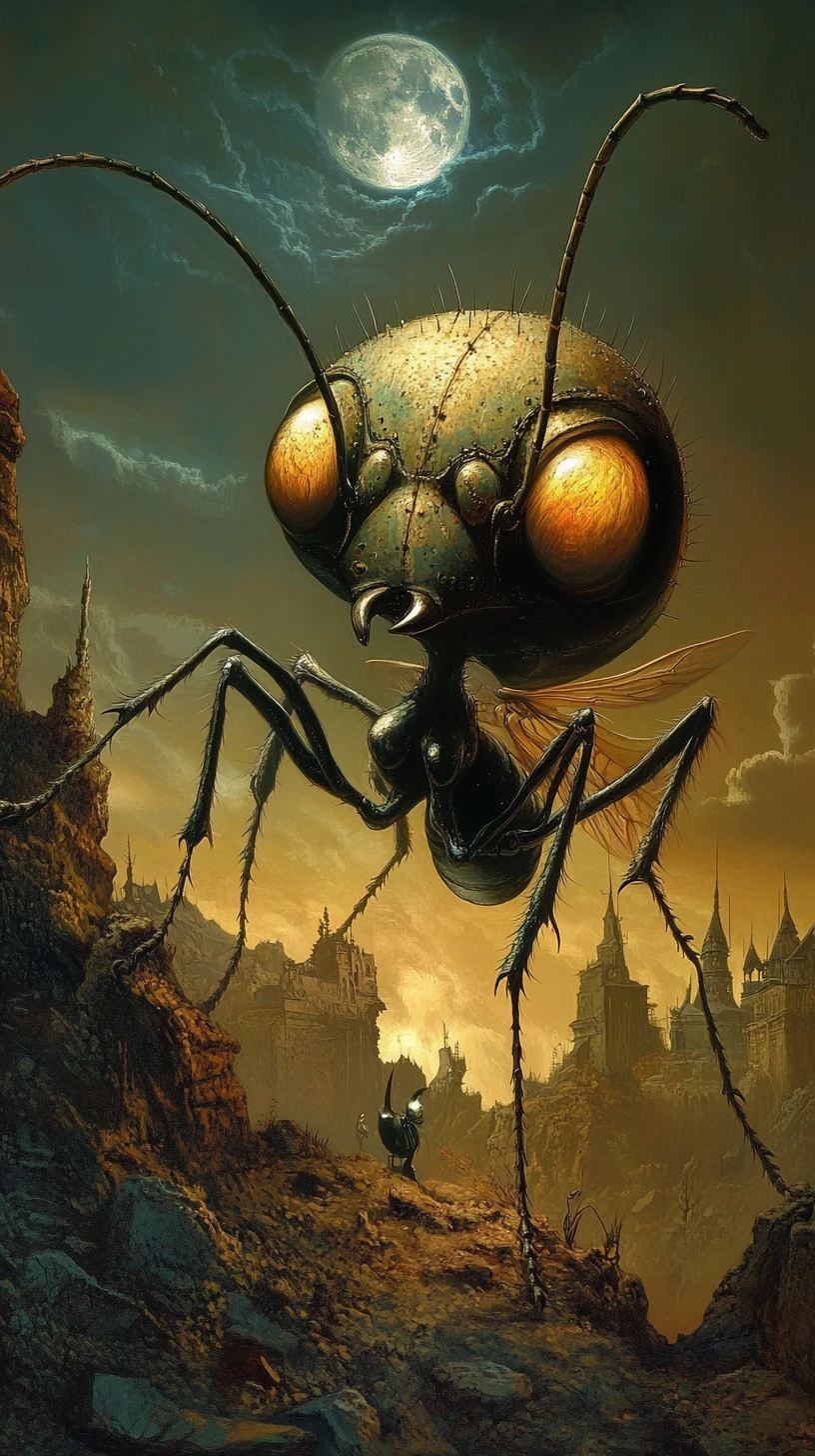 Surreal ant emerging over a gothic moonlit landscape