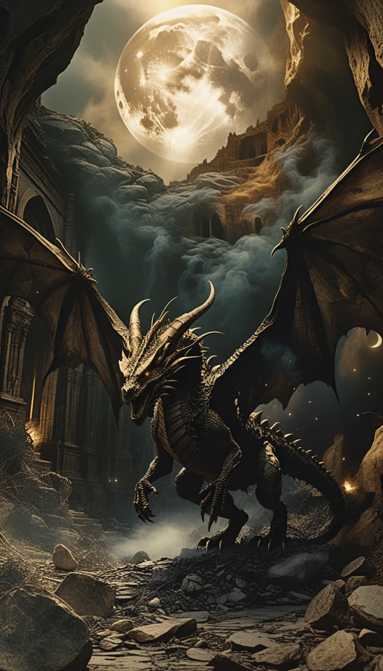 Tattered black dragon flying before a glowing full moon