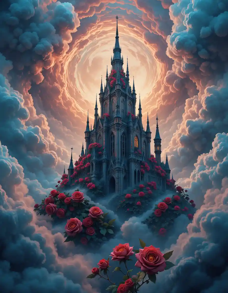 Gothic castle rising from vibrant swirling clouds and roses