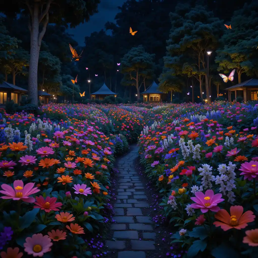 Endless flower field glowing with neon butterflies at night