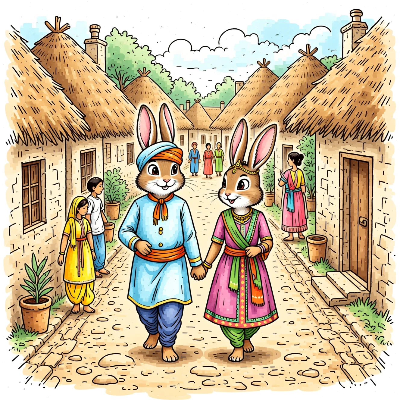 Rabbit couple walking through a rustic village street