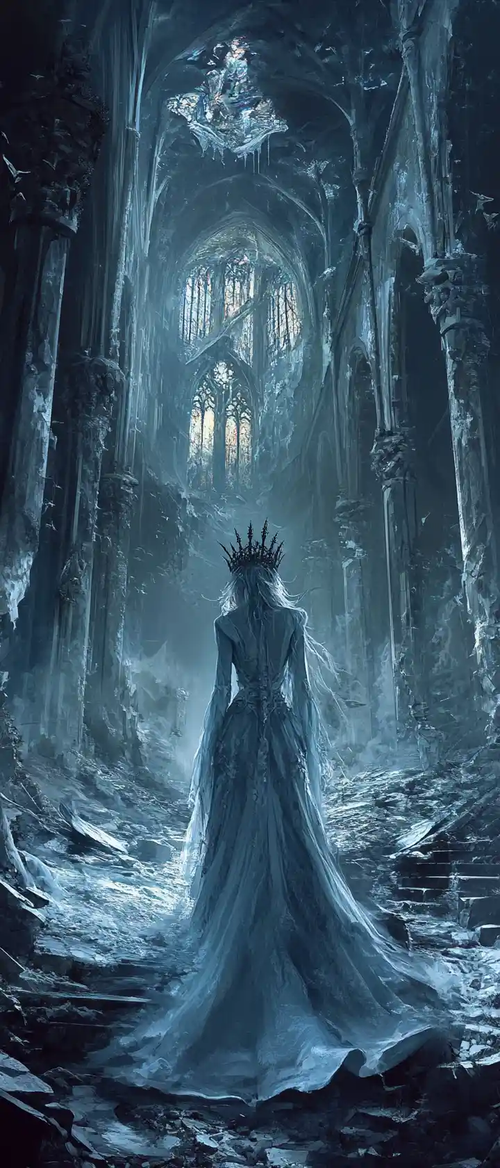 Ghostly queen in ruins of a moonlit gothic ballroom