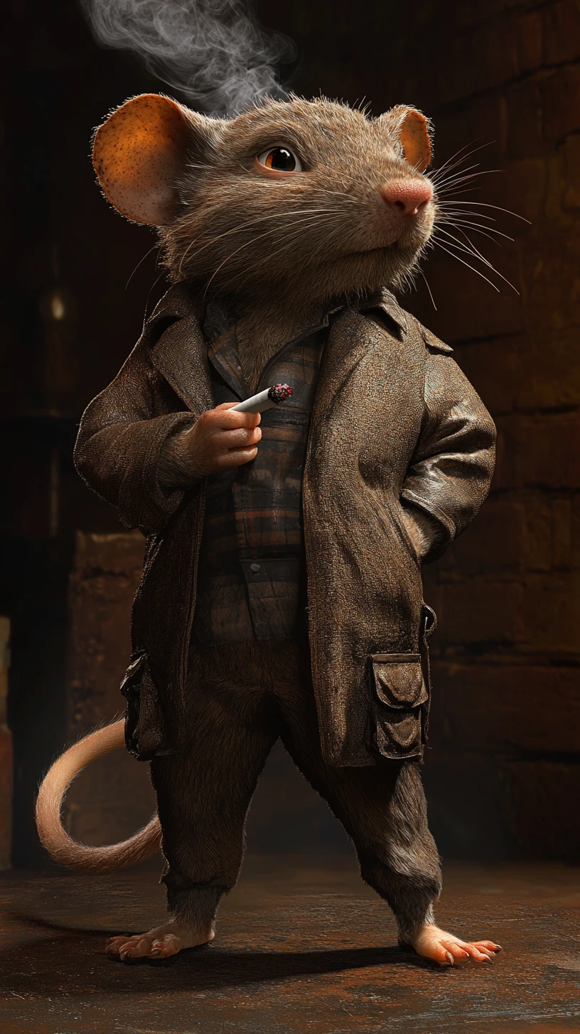 Harter anthropomorpher Ratte, die in einer düsteren Noir-Gasse raucht