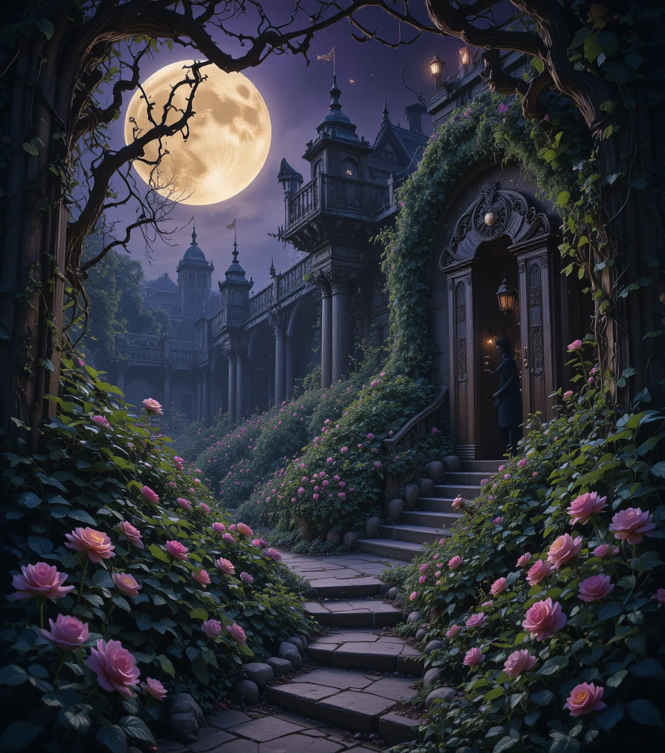 Enchanted Gothic Garden Under Moonlight With Glowing Flowers