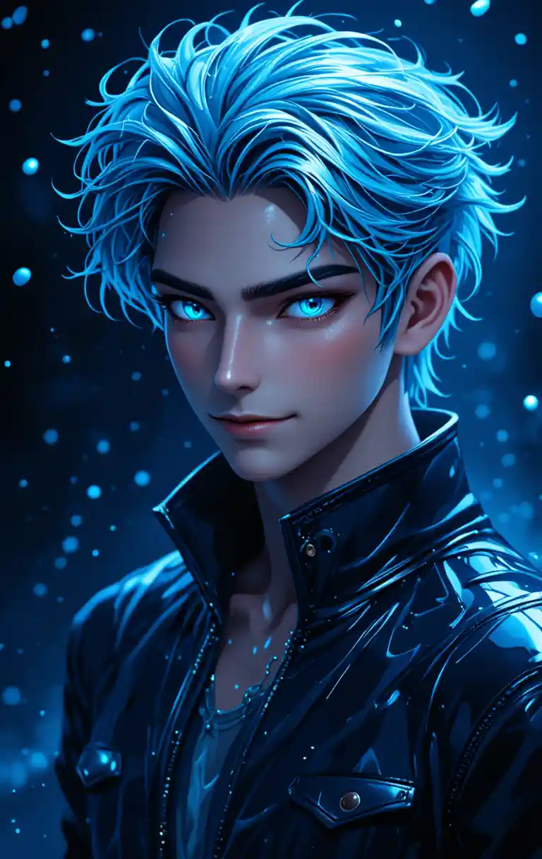 Young man with glowing blue eyes in watery silver hair
