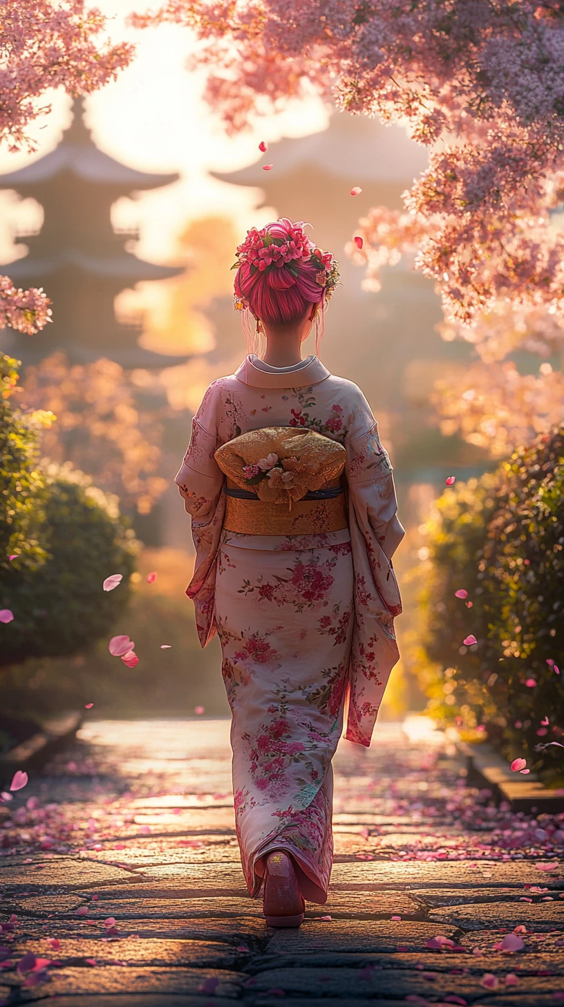 粉紅頭髮和服少女漫步日本庭園