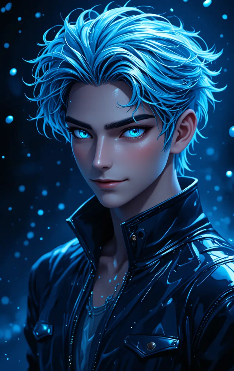 Young man with glowing blue eyes in watery silver hair