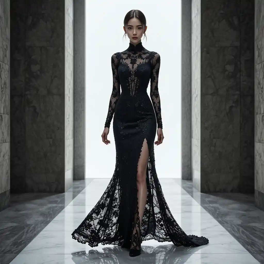 Korean woman striding in black lace gown on glowing onyx pier