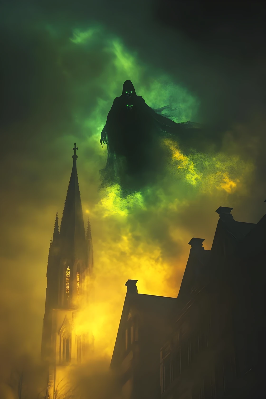 Dark ghostly figure flying past a church at night