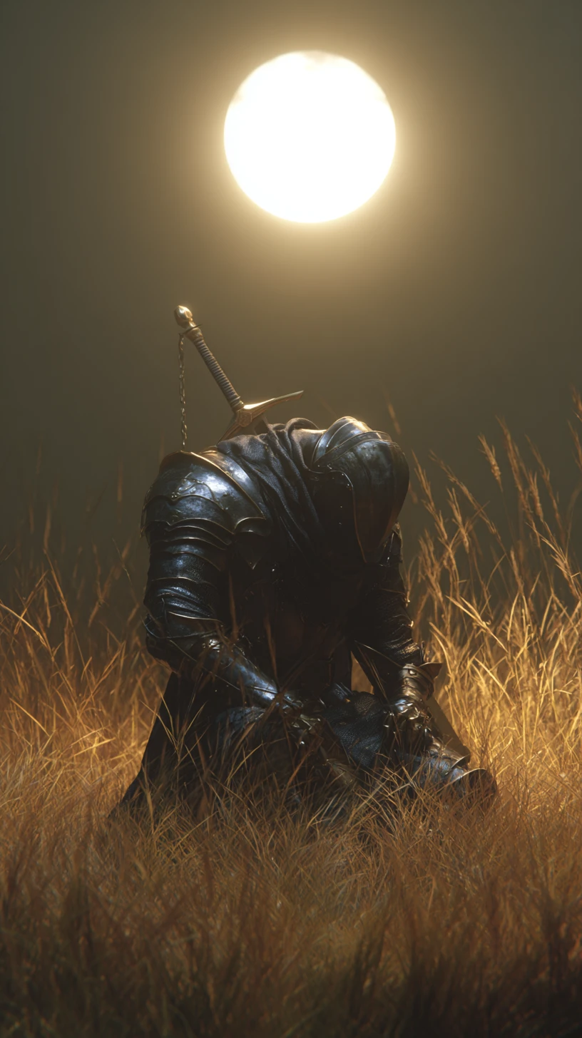 Cavaliere medievale esausto in ginocchio sotto la luna piena
