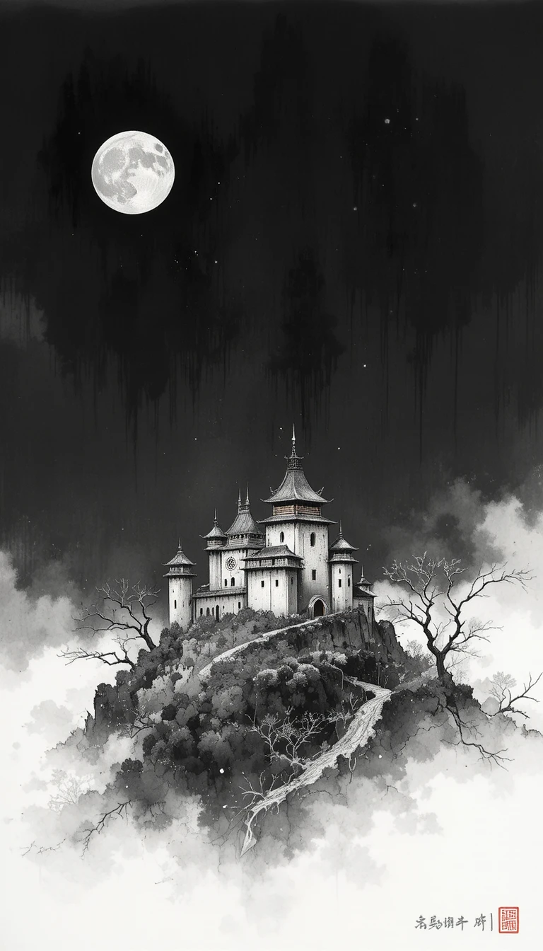 極簡夜色景觀中的中世紀城堡墨線插畫