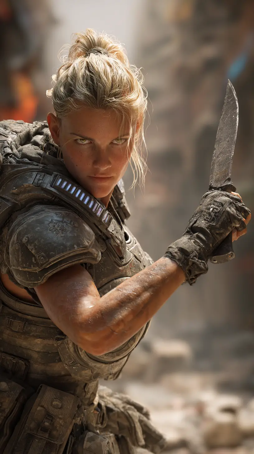 Armed female commando in ruined city with knife ready