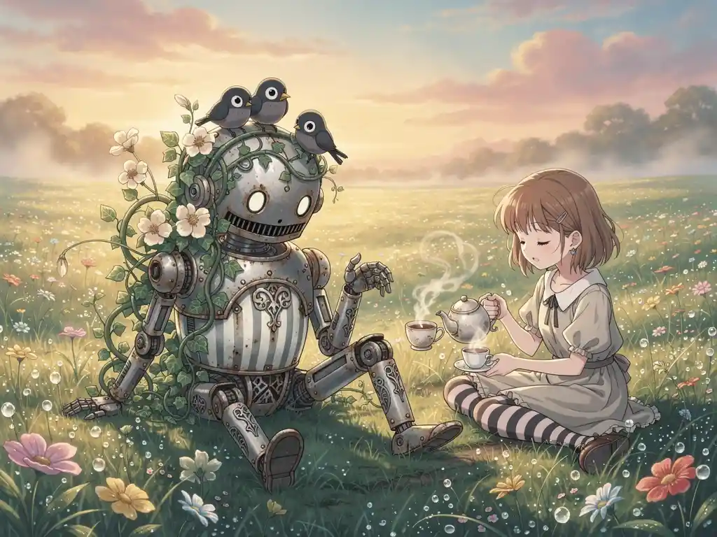 Gentle robot resting in a wildflower meadow at dawn
