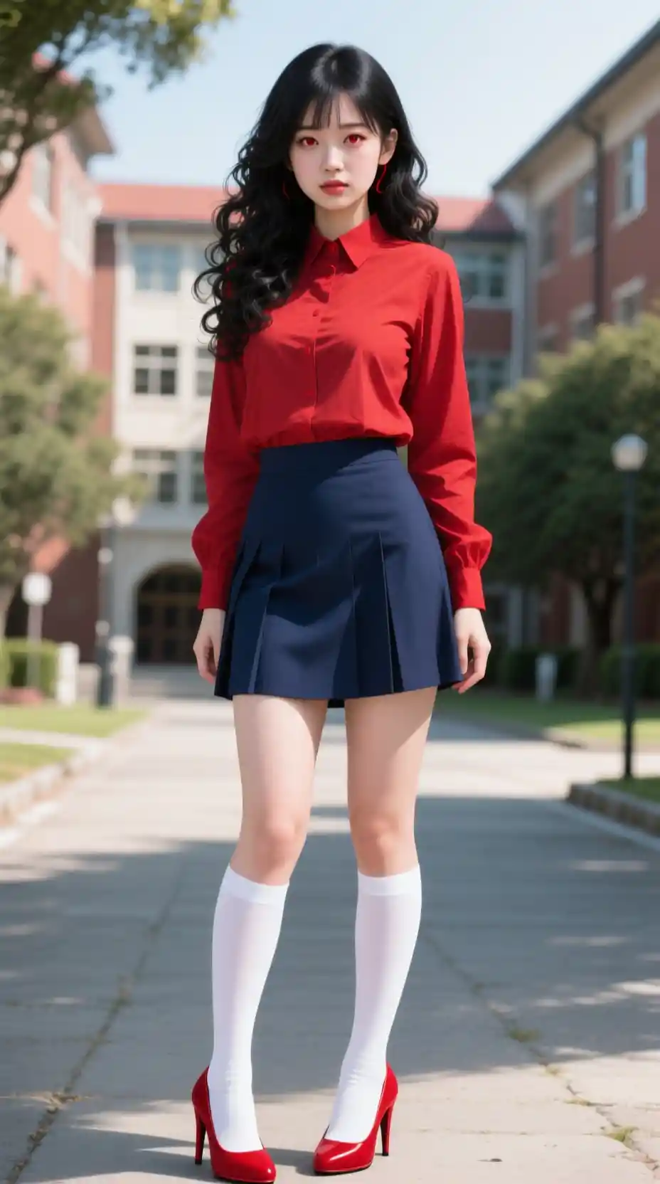 Donna giapponese in abito rosso su un vialetto del campus