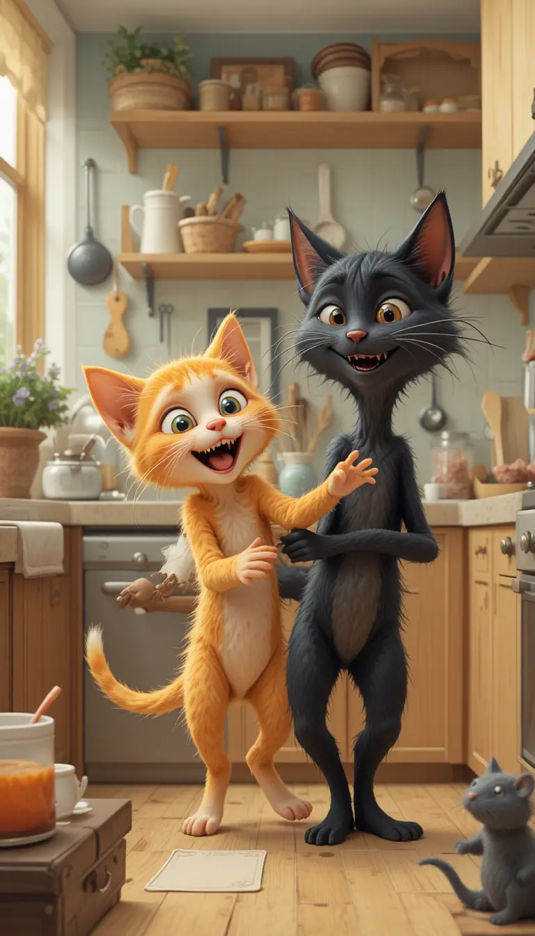 Playful orange kitten chasing her brother in a warm kitchen