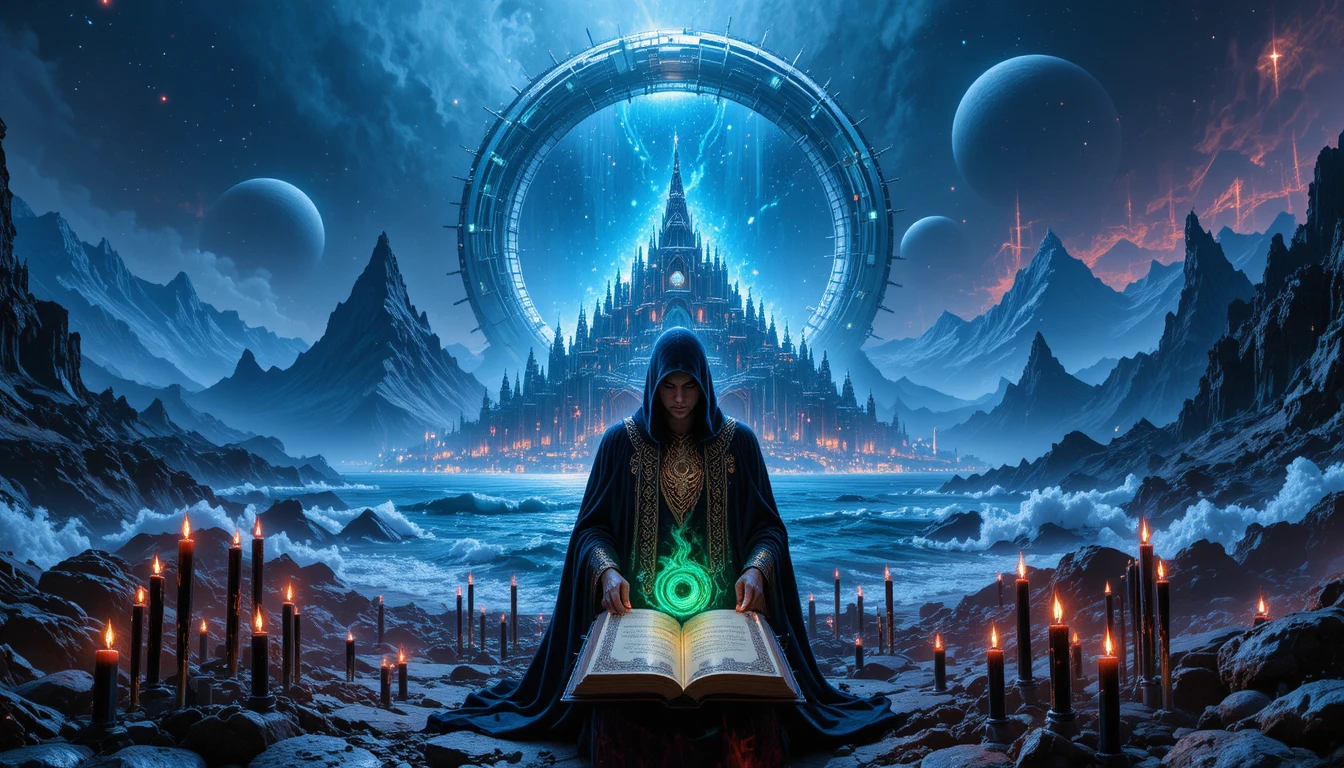 Dark warlock beneath emerald soul fire in gothic cathedral