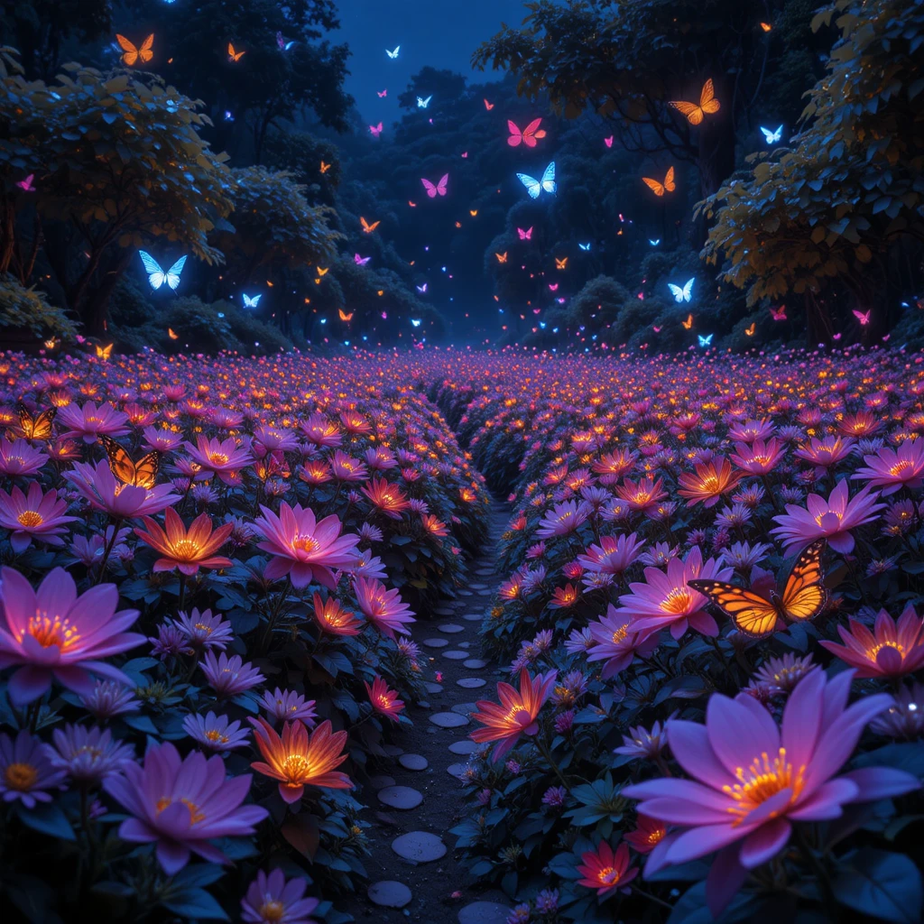 Leuchtende Neon-Schmetterlinge über einem nächtlichen Blumenfeld
