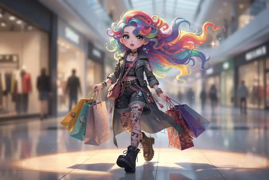 Stylish 3D girl walking in a mall with shopping bags