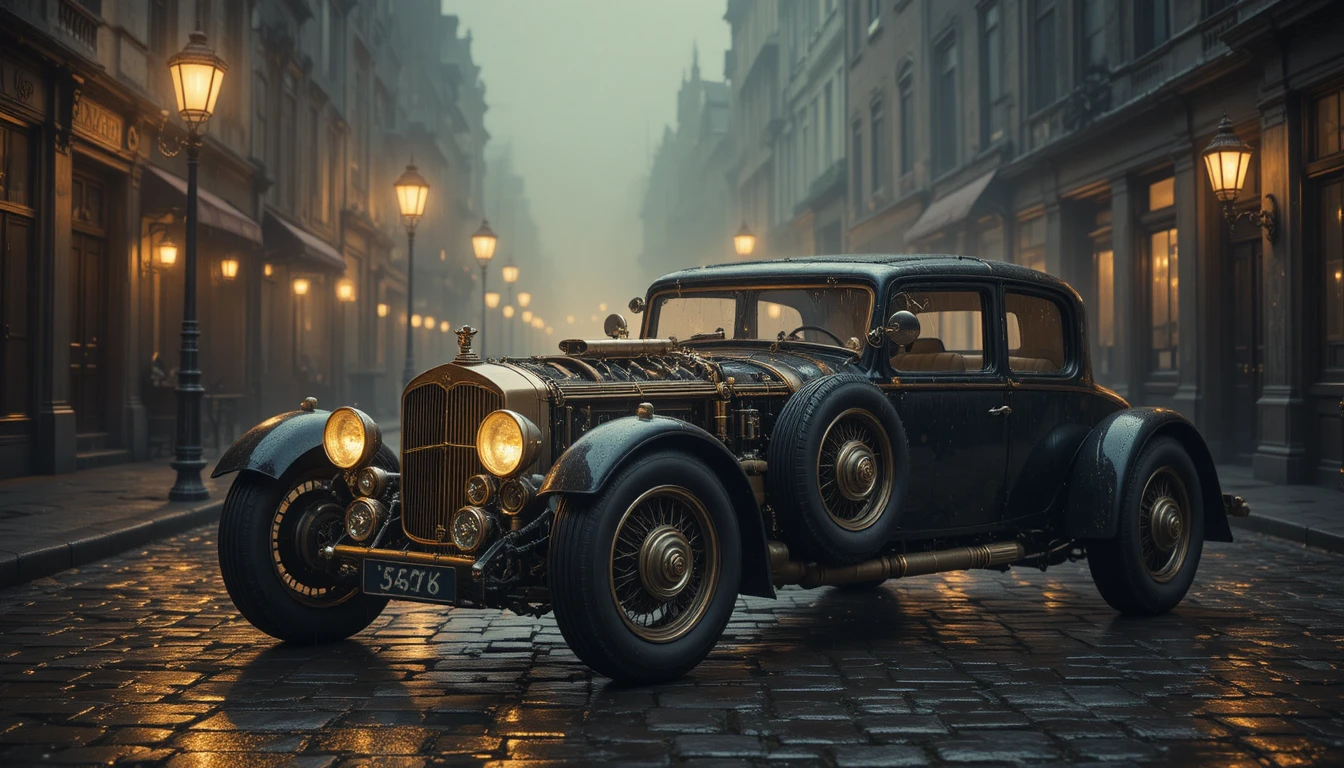Steampunk car on a foggy cobblestone street at night