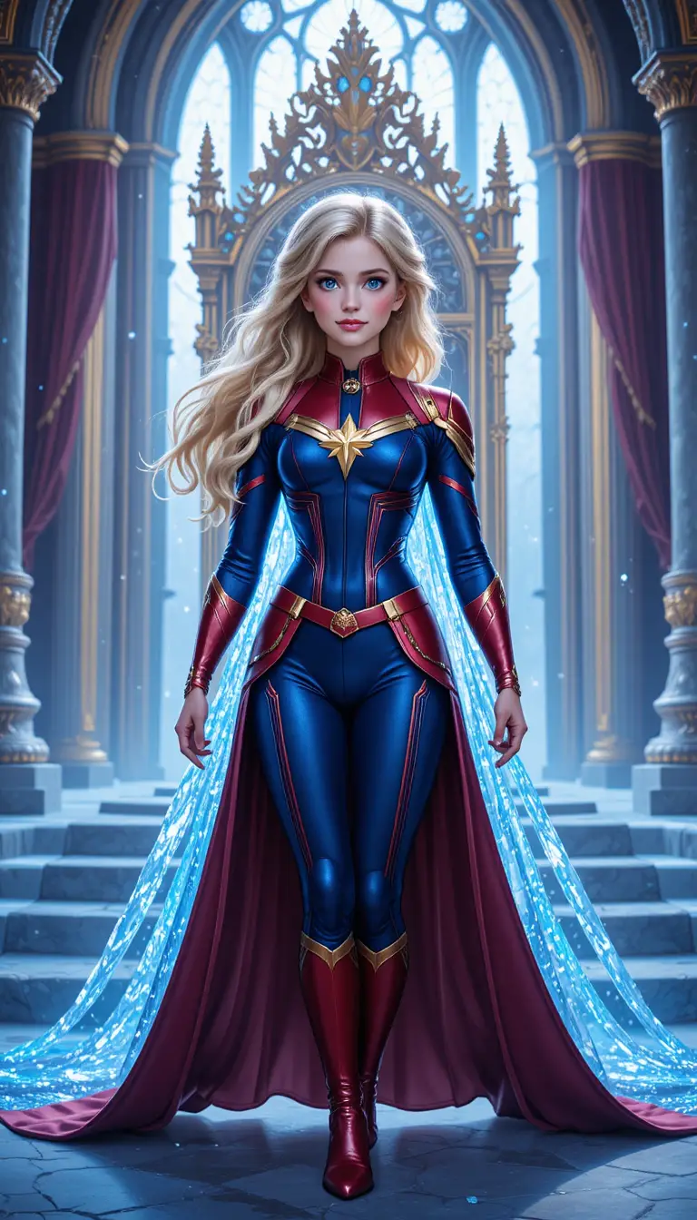 Heroic ice queen in a star armored throne room