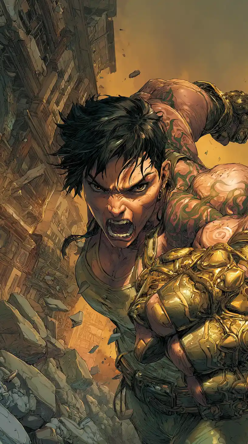 Furious female warrior with hypermuscular body in ruined city